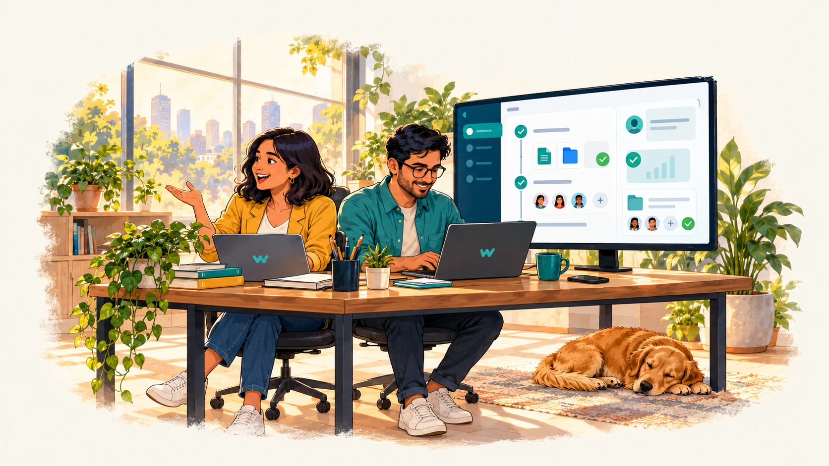 Maya and Arjun working together on WelcomeFlow in a sunny office, with their dog curled up under the desk.